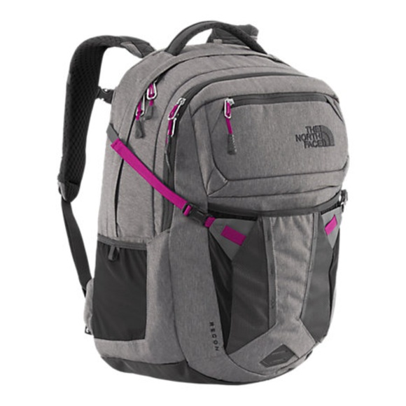 grey and purple north face backpack